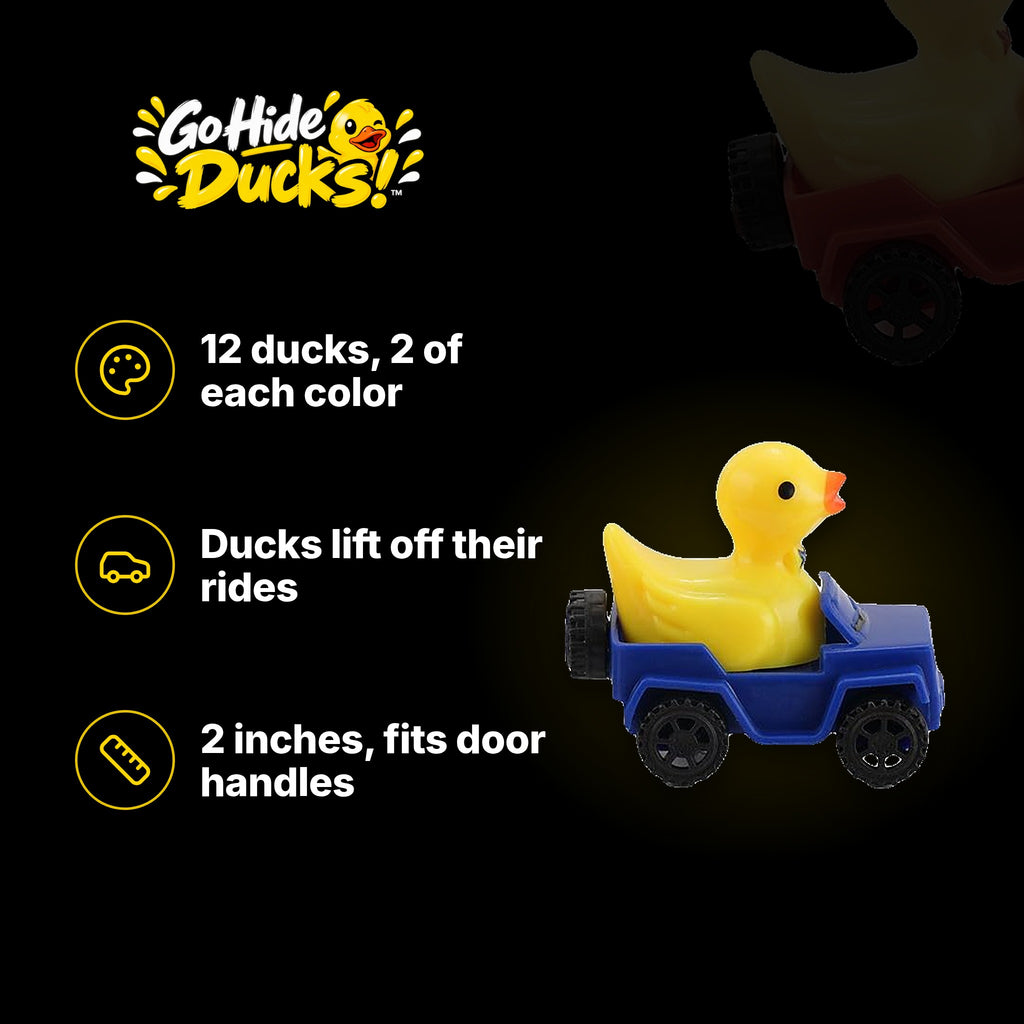 12 ducks, 2 of each color, lift off their rides, 2 inches