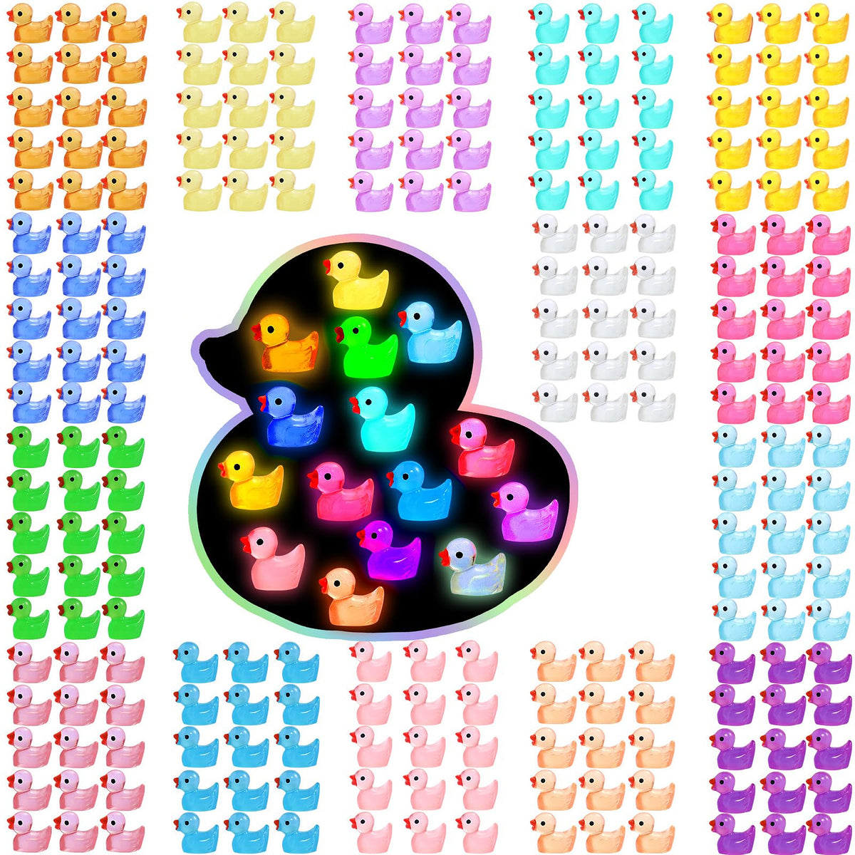 Rows of mini ducks in 15 colors around an inset showing them glowing in the dark.