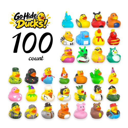 Grid of assorted rubber ducks in classic, animal, and costumed designs