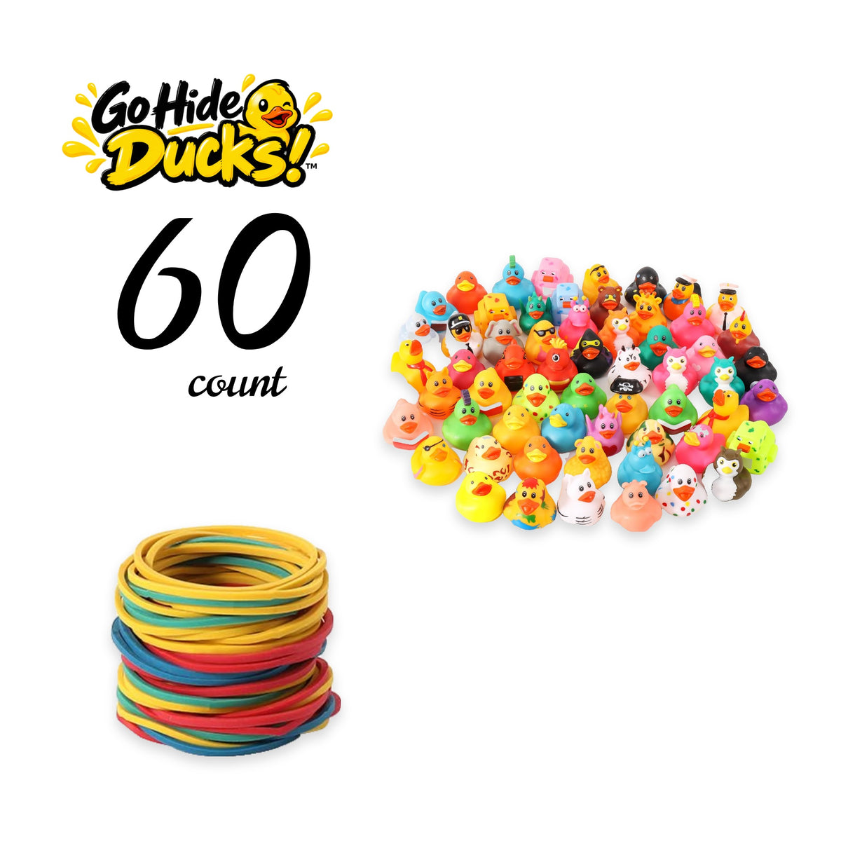 Assorted rubber ducks in mixed colors and designs with a stack of colorful rubber bands