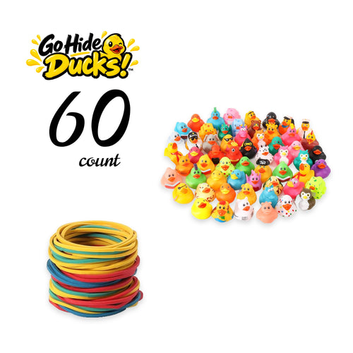 Assorted rubber ducks in mixed colors and designs with a stack of colorful rubber bands