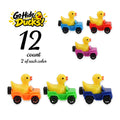 Twelve yellow ducks, each riding a colorful mini off-road vehicle