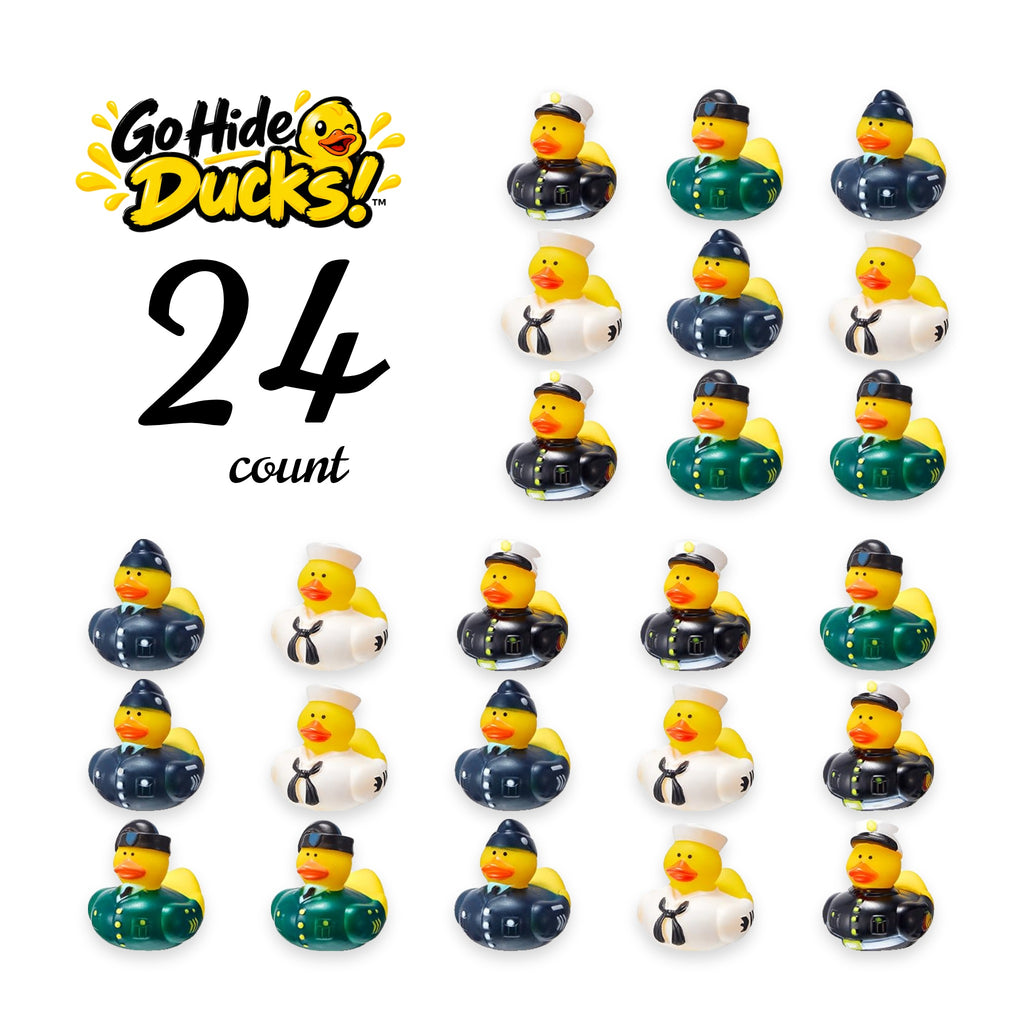 Rows of rubber ducks dressed in assorted military-style uniforms