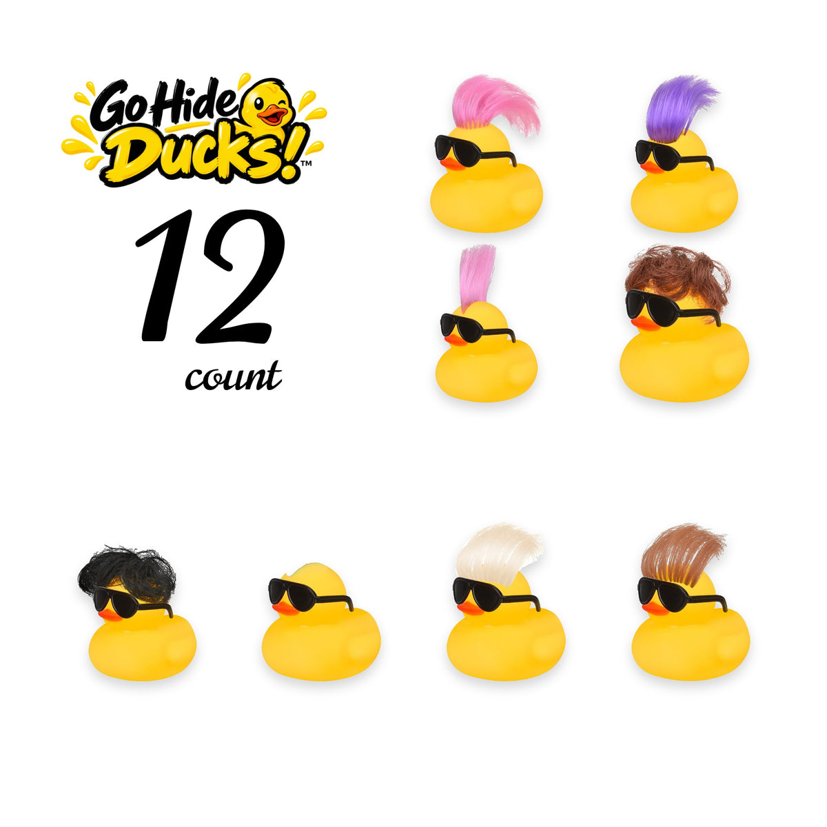 Eight yellow rubber ducks in black sunglasses with pink, purple, brown, black, and white wigs