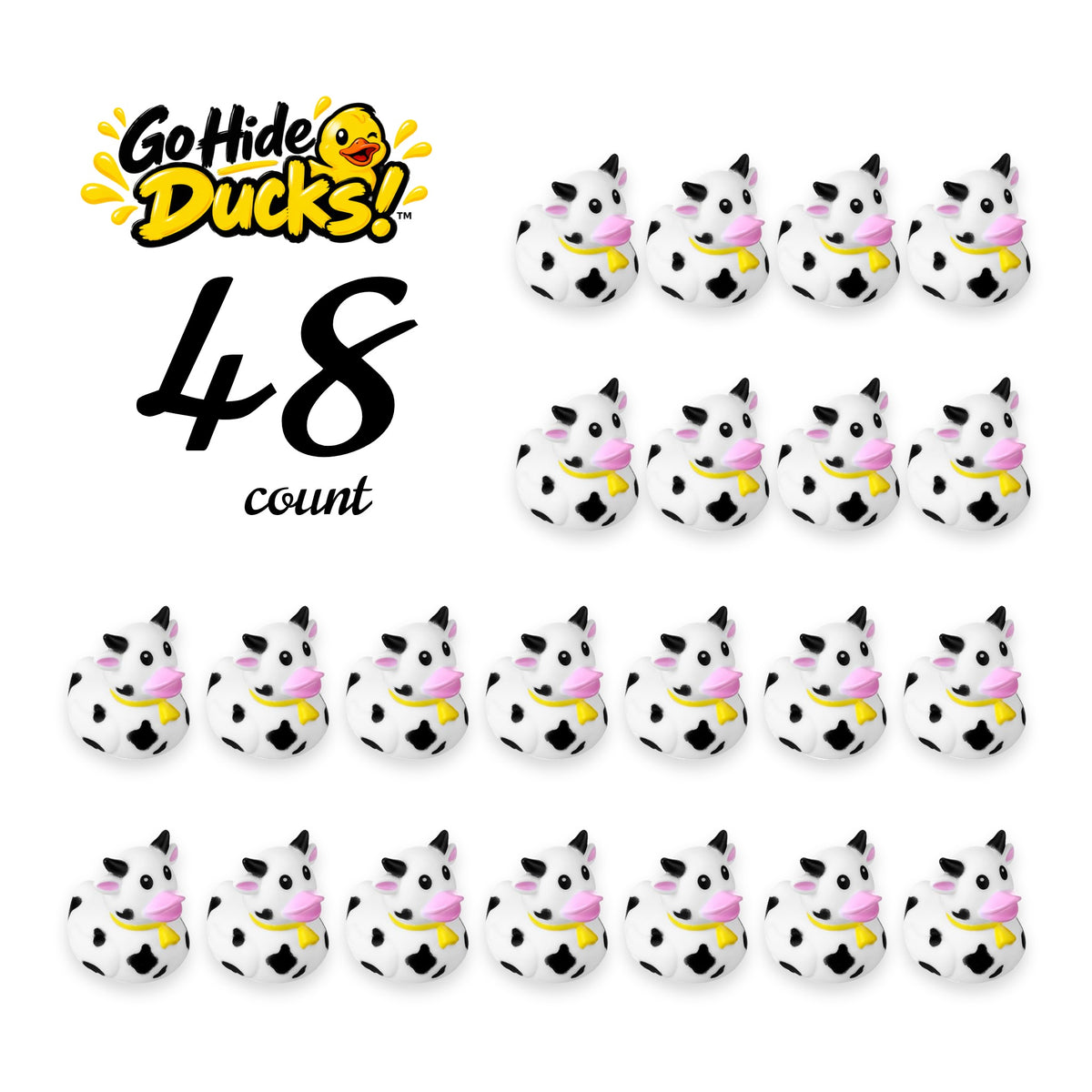 Small rubber ducks with black-and-white cow print and pink accents