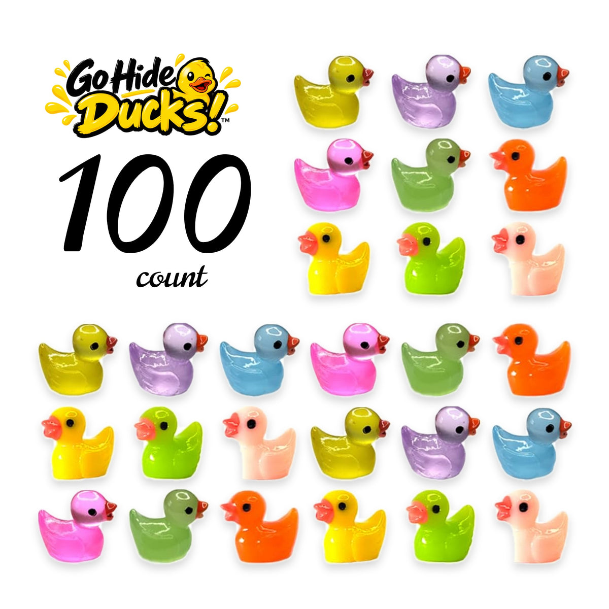 Grid of tiny translucent resin ducks in mixed colors