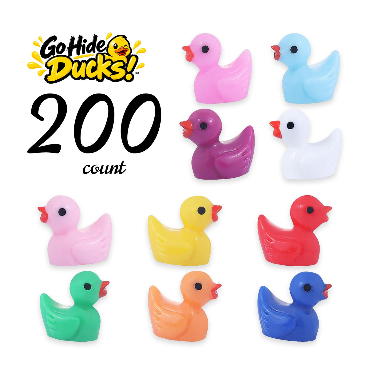 Ten tiny resin ducks, one in each of ten colors