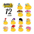 Rubber ducks with colorful wigs and blue flower-shaped sunglasses