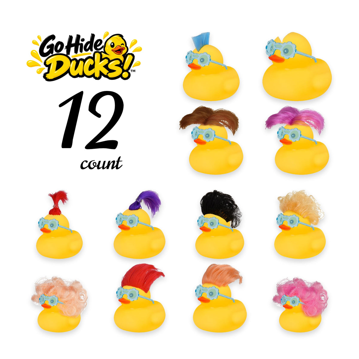 Rubber ducks with colorful wigs and blue flower-shaped sunglasses