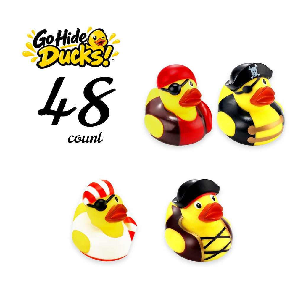 Four pirate rubber ducks with black pirate hats, red and striped bandanas, and eye patches