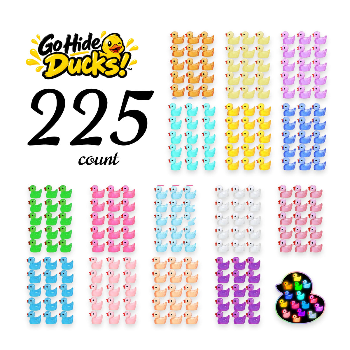 Rows of tiny ducks in many colors, with a small inset showing ducks glowing in the dark