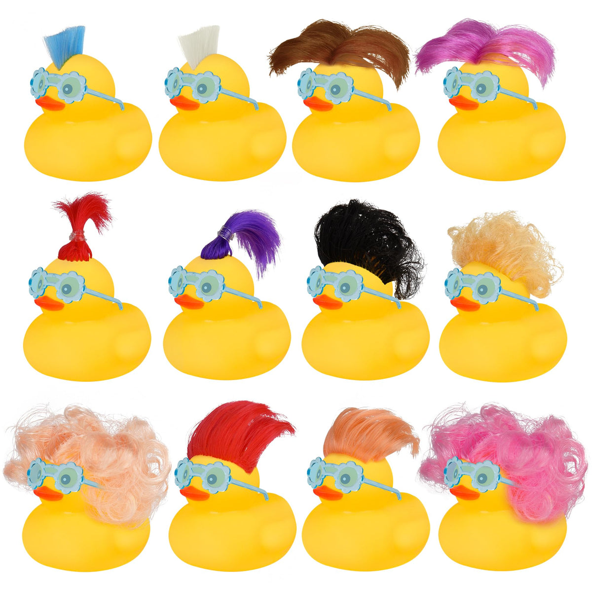 Wig & Blue Flower Sunglasses Rubber Ducks, 12 Pack - 2-Inch Party Ducks